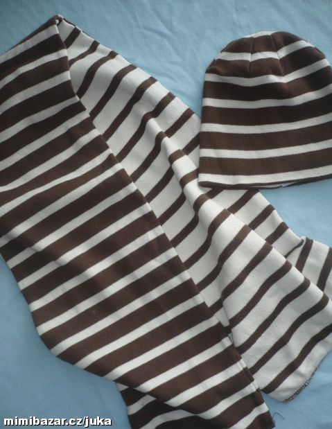 Béžovo-hnědá oboustranná pruhovaná čepice + šála