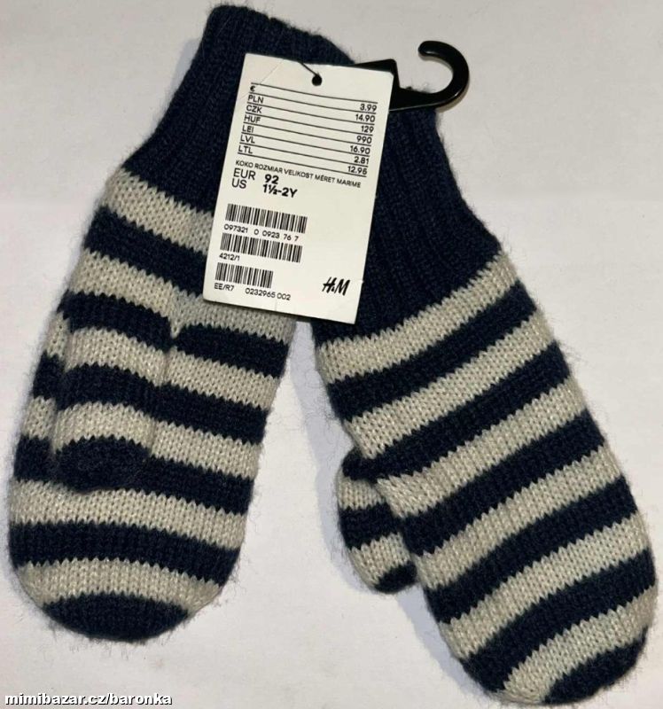 Pruhované vyteplené palcové rukavice, vel. 1½-2 y