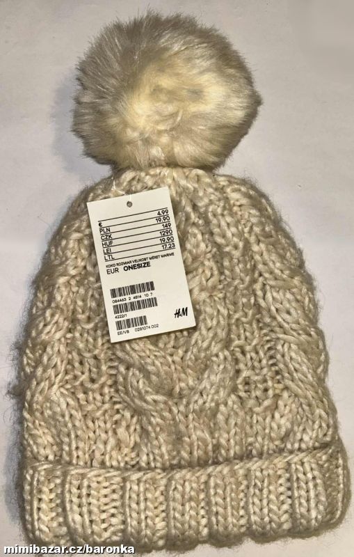 Krémově bílá pletená čepice, hrubý vzor, bambule