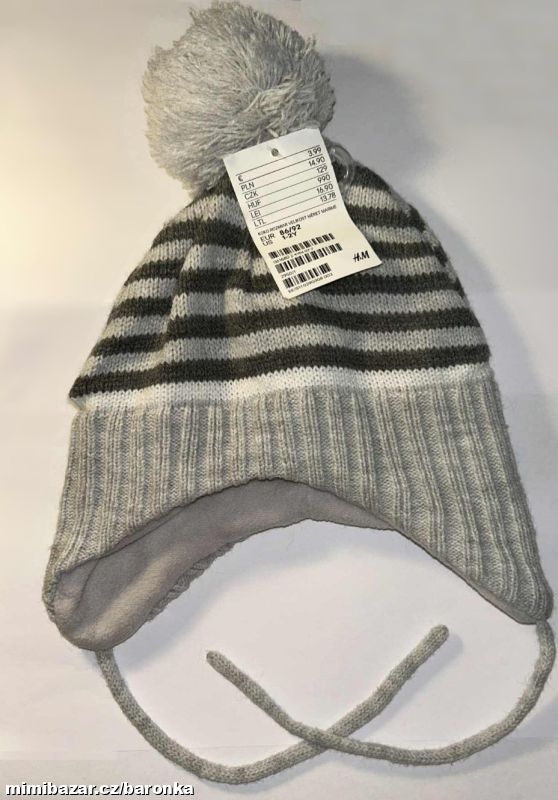 Šedá čepice, pruhy & bambule / kulich, vel. 1-2y
