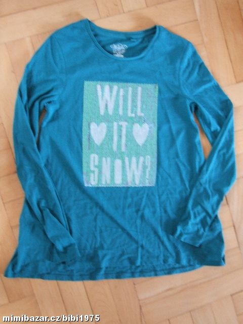 Zelené triko s obrázkem a flitry, vel. 158-164cm