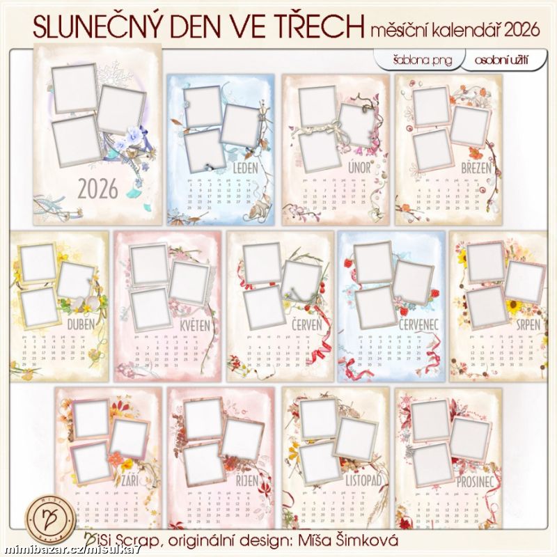 kalendář 2026 Slunečný den ve třech - šablona