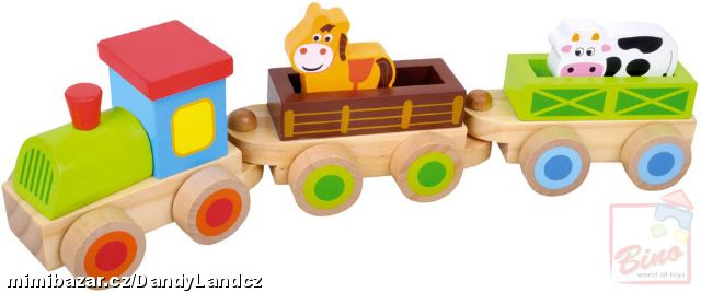 Dřevěný vláček set mašinka + 2 vagonky se zvířátky