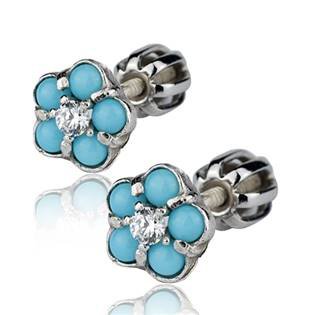 Stříbrné náuš šroubovací - kytičky tyrkysovéSKLADE
