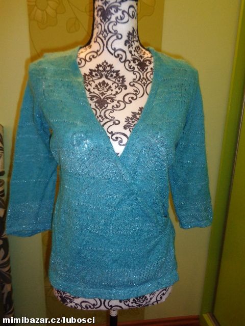 Krásný tyrkysovo - stříbrný zavinovací svetr
