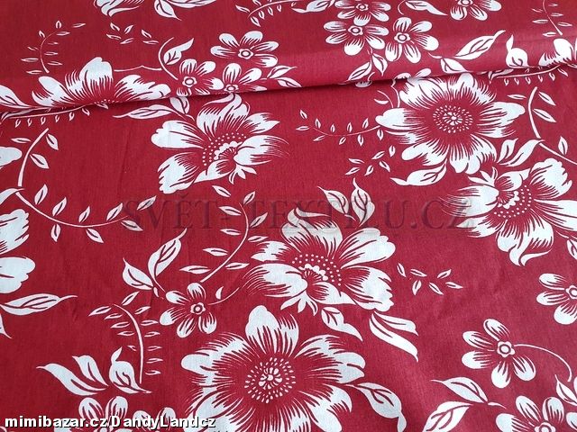 Bavlněná látka metráž - Velké bílé květy na vínové