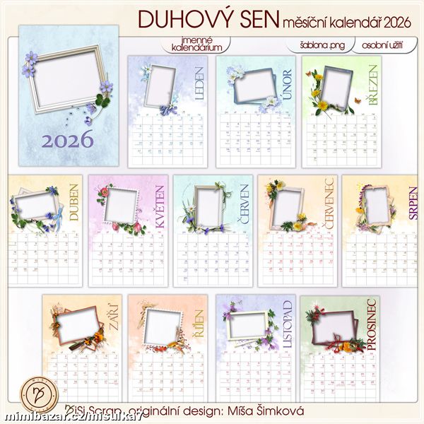 Kalendář 2026 Duhový sen-přehledný - šablona