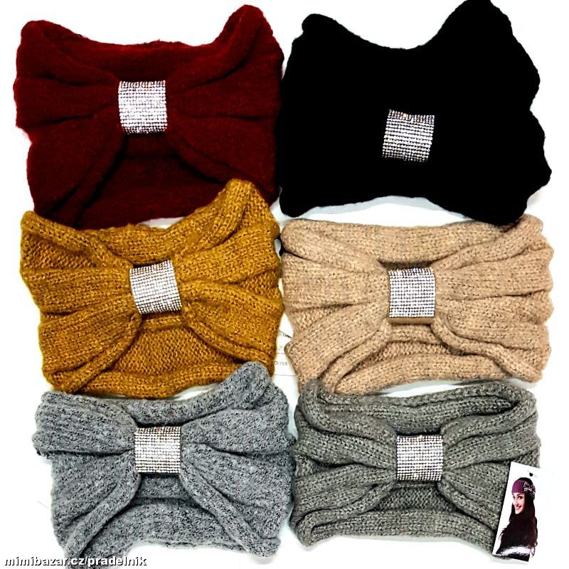 Dámská pletená zimní čelenka s mašlí a kamínky