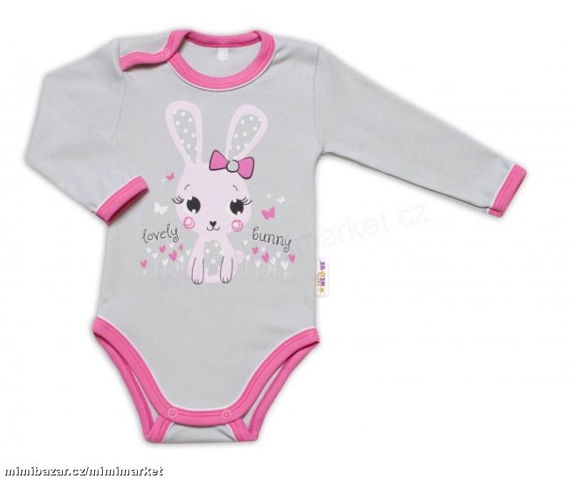 Body dl. rukáv LOVELY BUNNY - šedé/růžové, vel.86