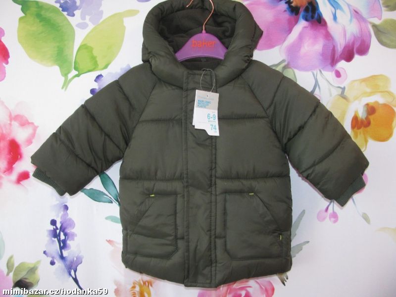 Zimní khaki bunda s kapucí v.6-9 měs.