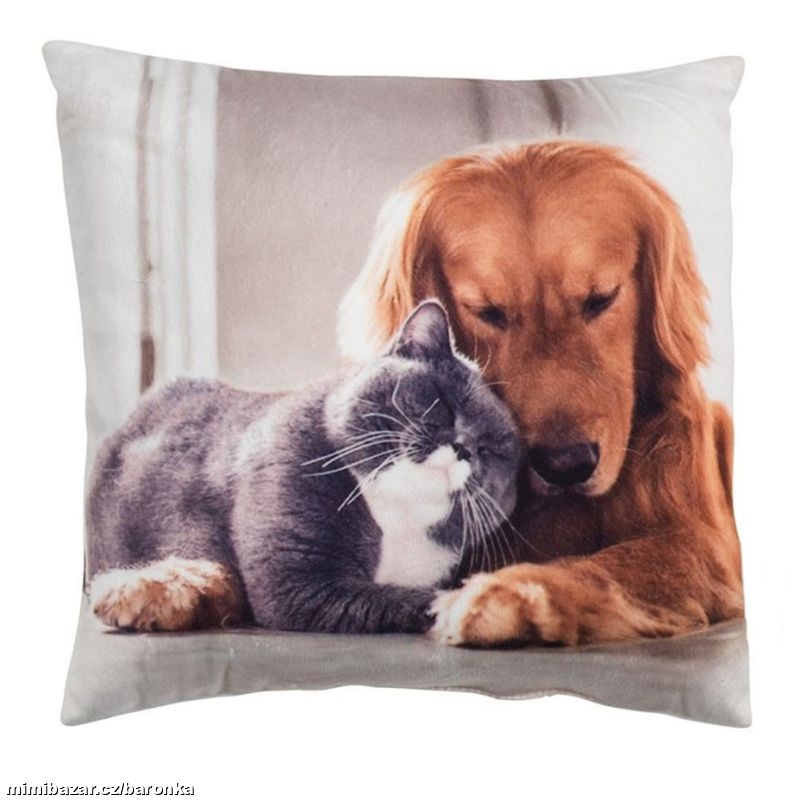 Bílý polštář, motiv pes a kočka, 30x30 cm