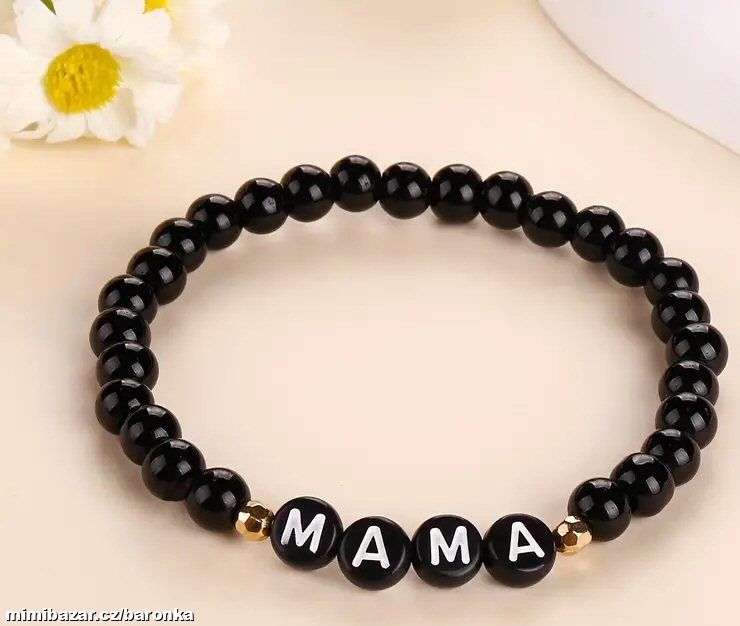 ČERNÝ náramek MAMA, zlaté korálky, 18 cm