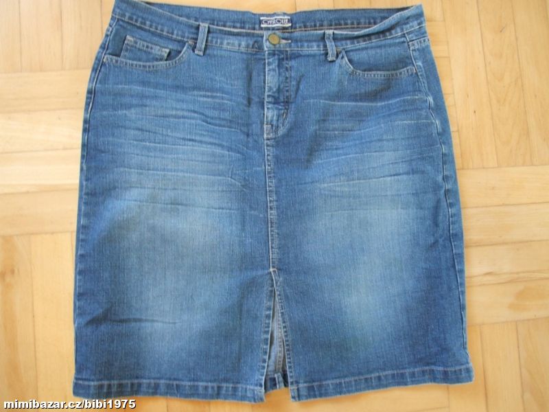 Džínová sukně s ošoupáním, rozparek, vel. 46