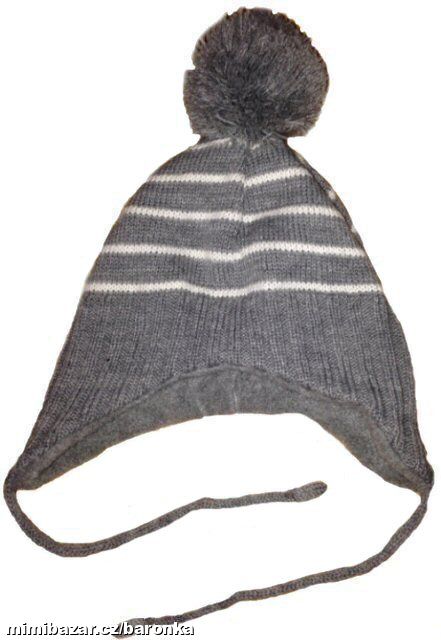 Tm. šedá čepice, pruhy & bambule / kulich, 1-2y