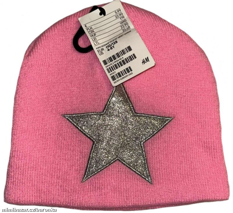 Růžová čepice, stříbrná hvězda, vel. 4-8 let