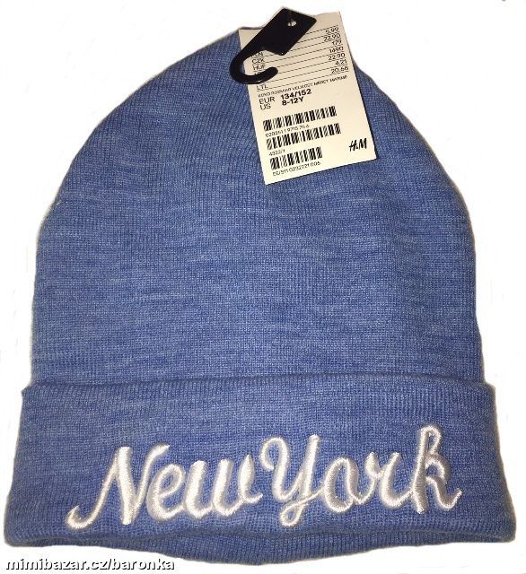 Světle modrá módní čepice, nápis New York, 8-12y