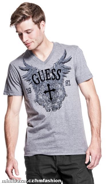 Pánské šedé tričko Guess-Randy Flocked vel. M, L, XL