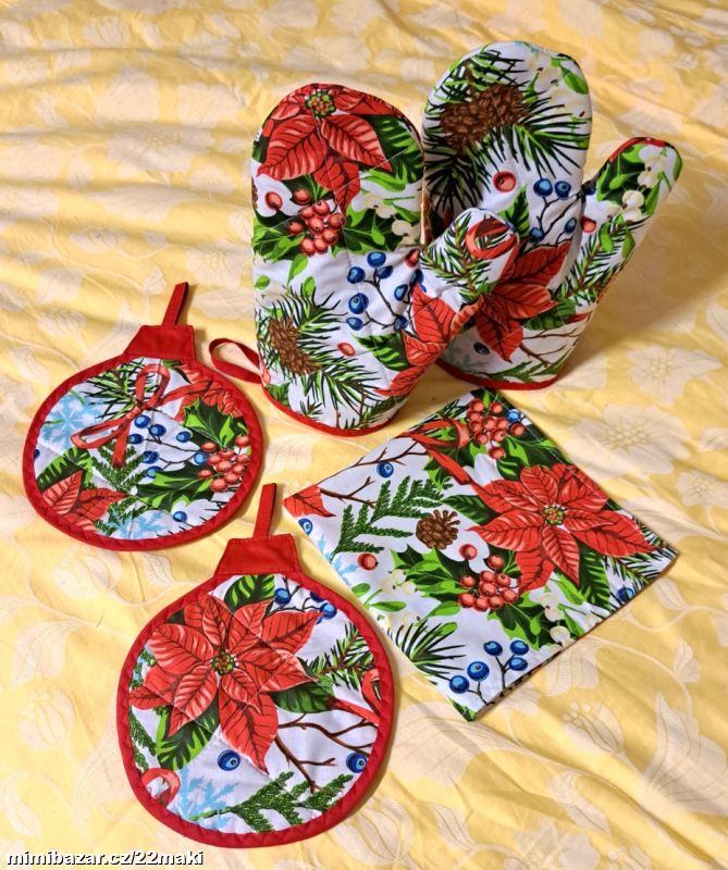 Vánoční růže chňapky baňky, rukavice, ubrus, 