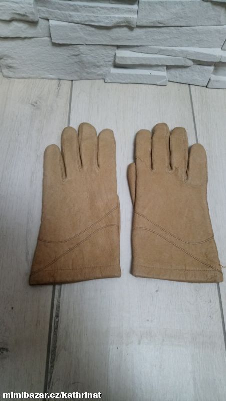 Béžové dámské kožené zimní rukavice, vel. 6