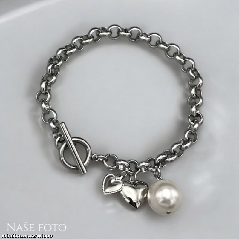 Náramek chir. ocel s perlou Swarovski -bílá perleť