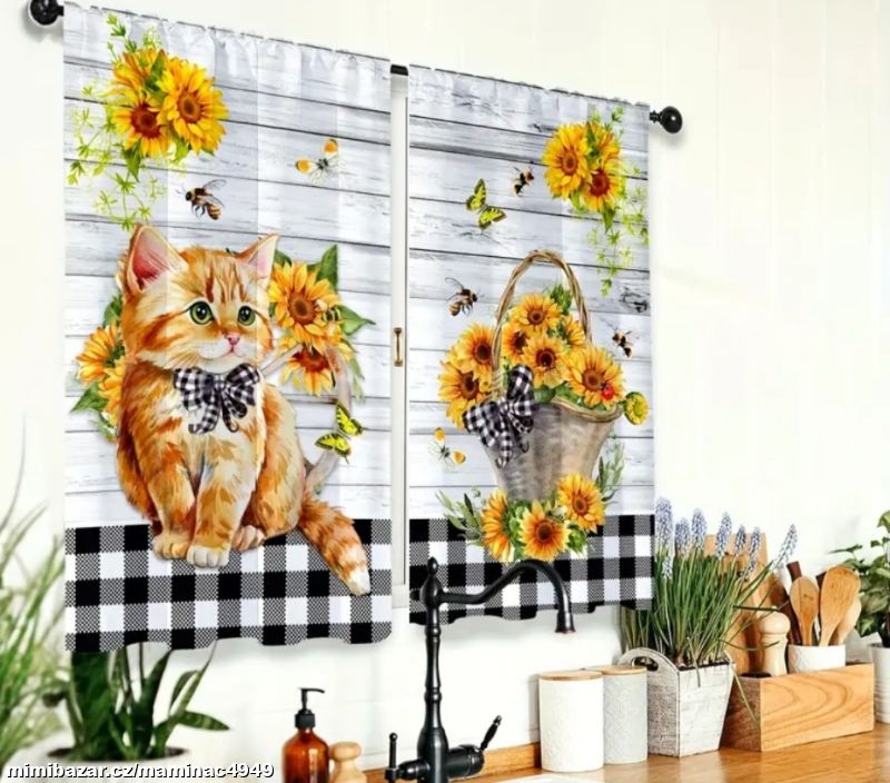 Prodám nové 2x závěsy venk. styl kočka slunečnicen