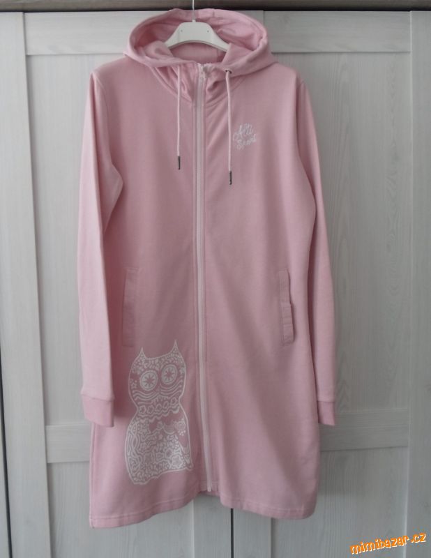Růžová dlouhá mikina na zip s kapucí