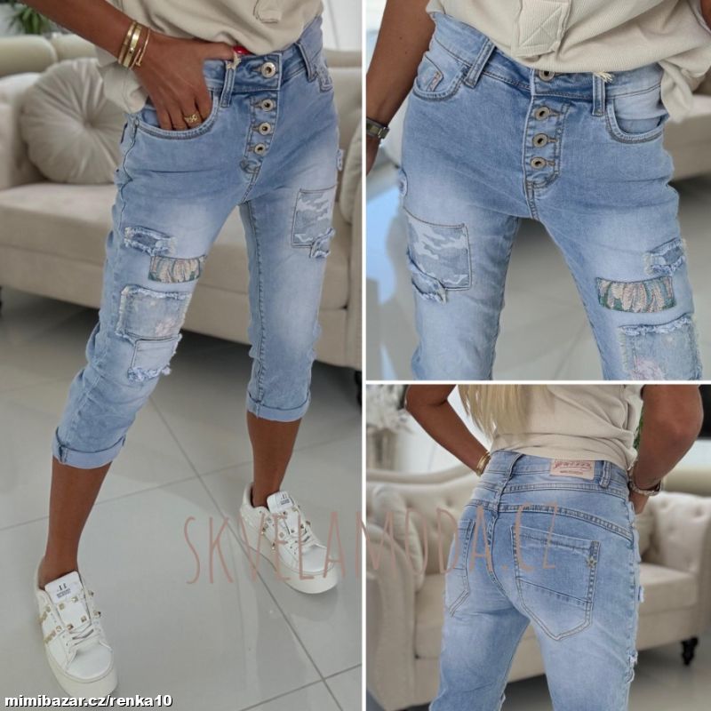 Dámské elastické trendy 3/4 jeans KNOFLÍKY
