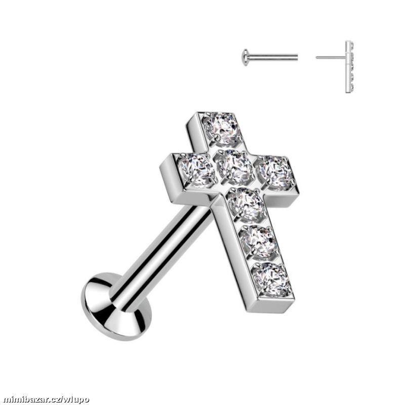Piercing do ucha křížek se zirkony z chir. oceli