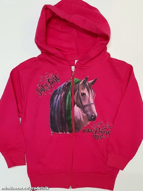 Dívčí bavlněná růžová mikina s koněm 104 až 116