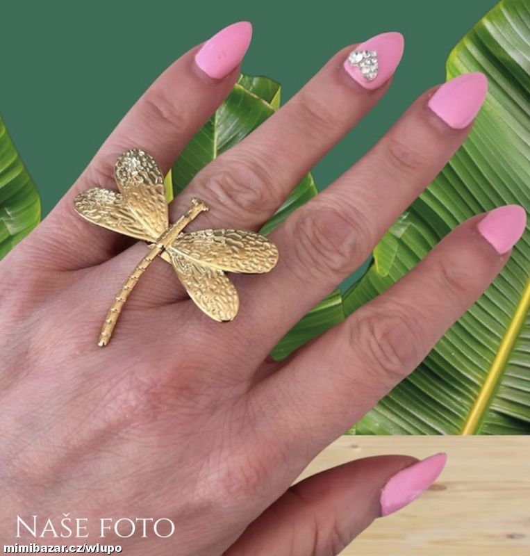 Pozlacený prsten vážka z chirurgické oceli