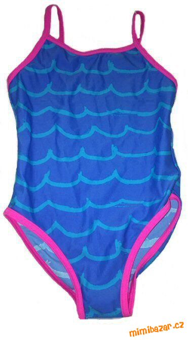 Modré plavky vcelku, růžové lemování, vel. 4-5 let