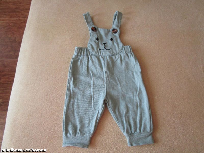 Pěkné zelené bavl. kalhoty s laclem, v. 3-6 měsíců