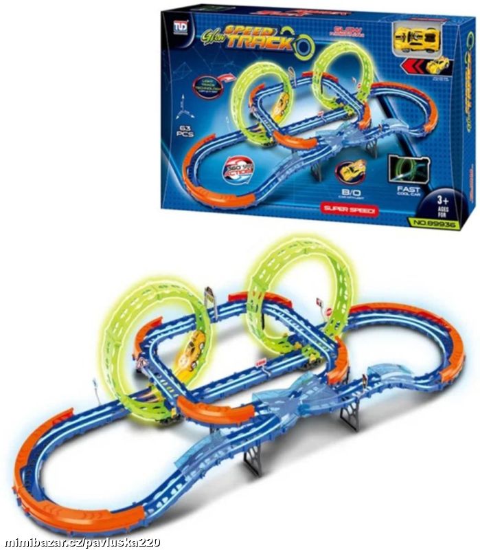 Autodráha svítící ve tmě s křížením a loopingy
