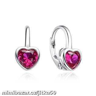 Stříbrné dívčí náušnice srdíčka tmavě růžová