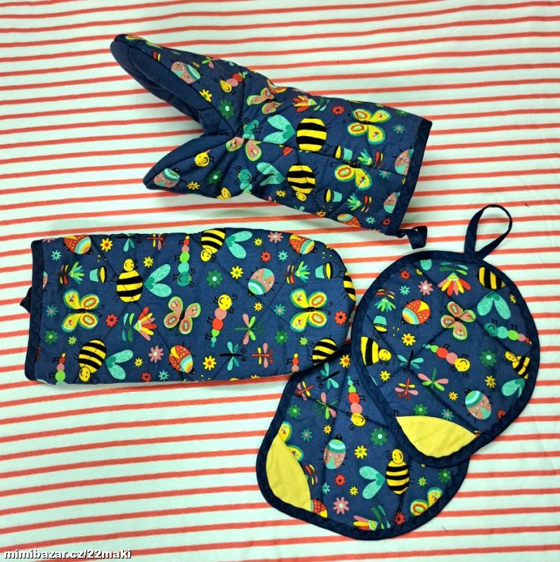 Včelky, motýlek chňapky, rukavice, utěrka, ubrus, 