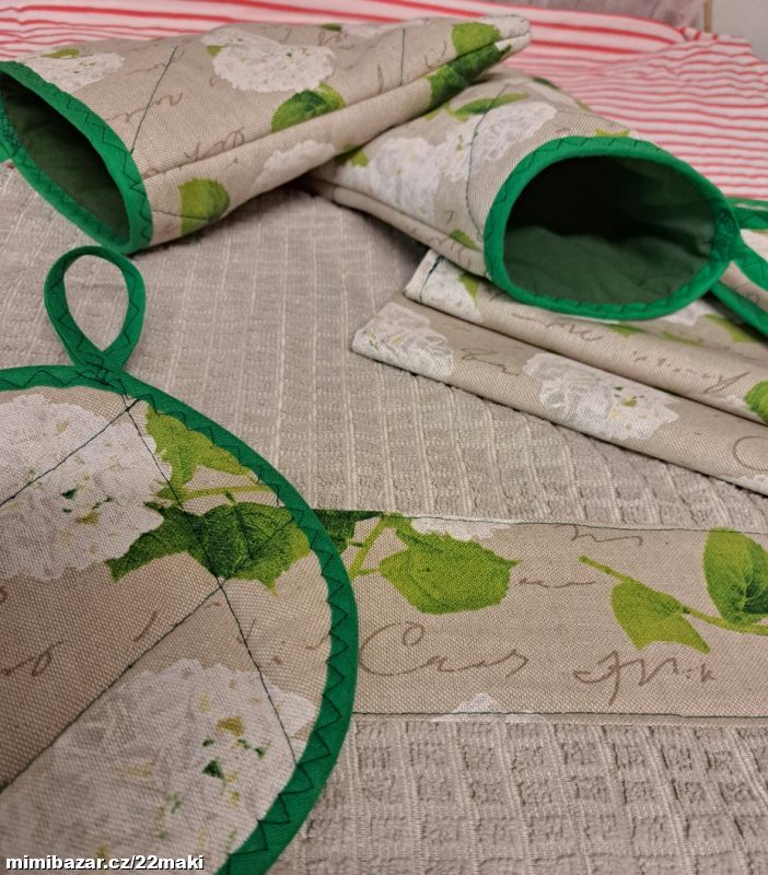 Hortenzie, chňapky, rukavice, utěrka, ubrus, 