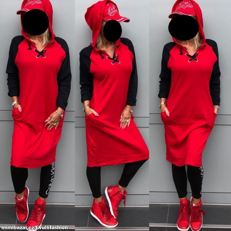 Červeno-černé mikinové šaty vel. M