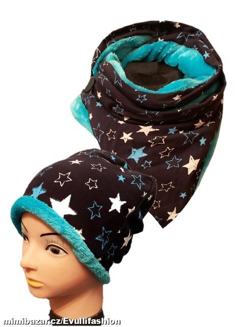 Komplet čepice a šály - tyrkysový s hvězdami