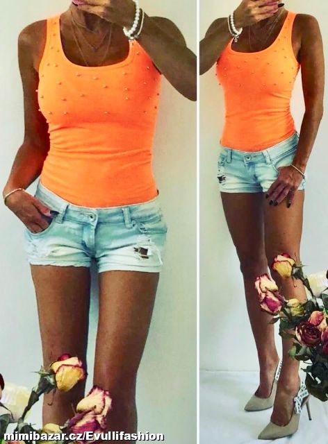 Oranžovo-černé tílko se zlatými perličkami XS/S