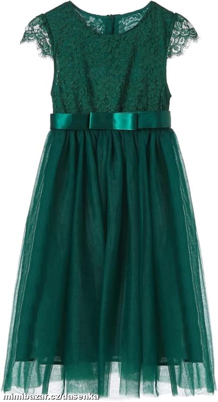 Dívčí tylové šaty s krajkou tm. zelené 7 let 130