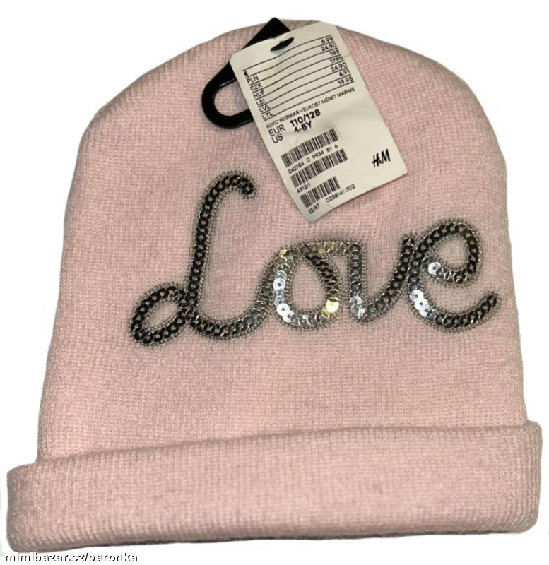 Světle růžová čepice, nápis LOVE, třpytivé flitry, 