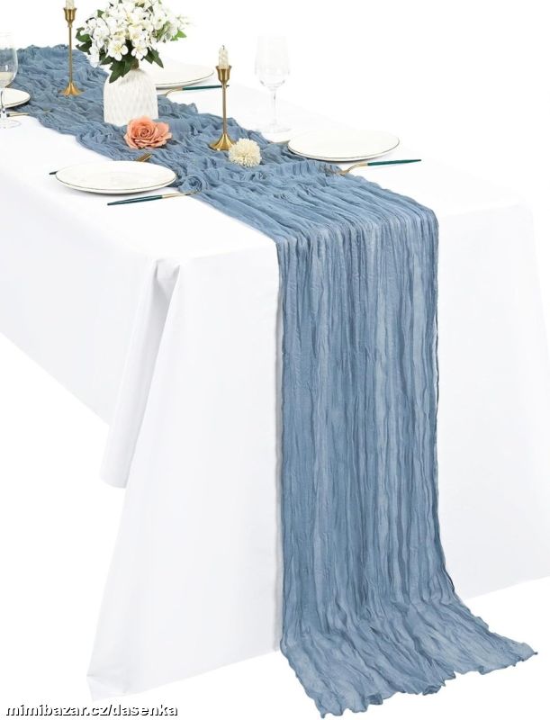 Boho běhoun z gázoviny na stůl 90x300cm sv, modrý