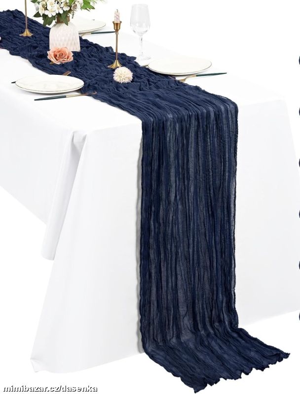 Boho běhoun z gázoviny na stůl 90x300cm Tm. modrý