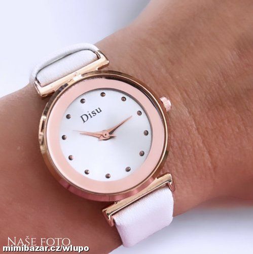 Dámské bílé hodinky s pozlaceným ciferníkem