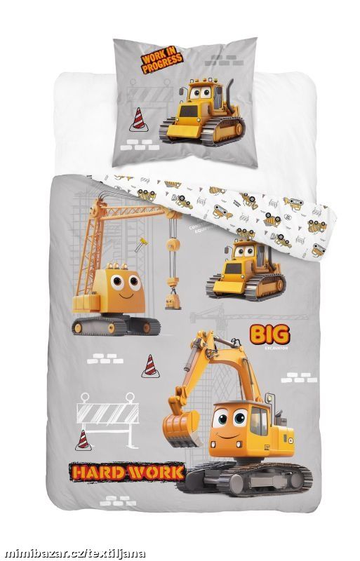 Ložní bavlněné povlečení - stavba, bagr, jeřáb