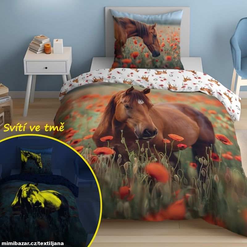 Ložní bavlněné povlečení-kůň ve vlčím máku-svítící