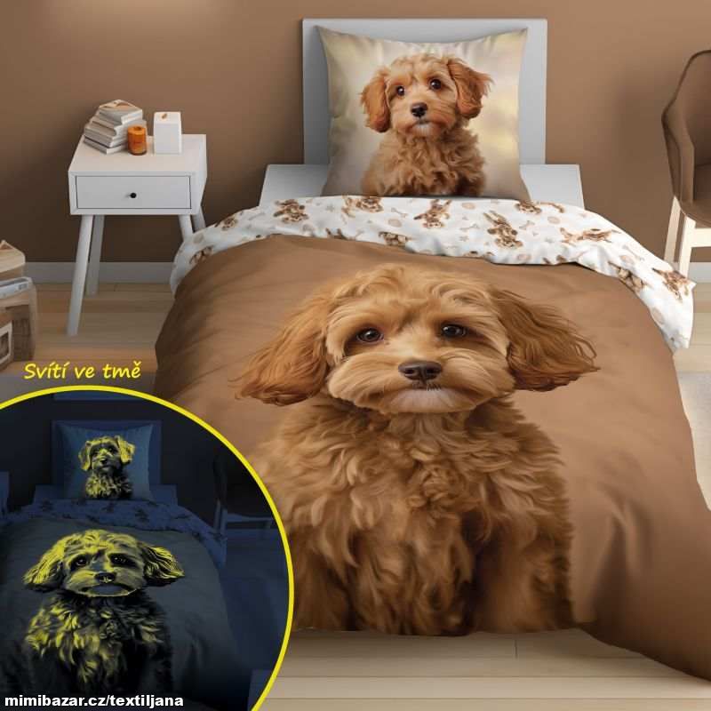 Ložní bavlněné povlečení - štěně, pejsek - svítící