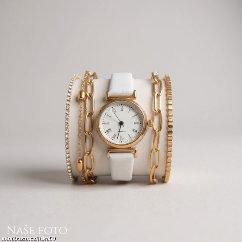 Dámský set – hodinky s náramky v barvě zlata a bíl