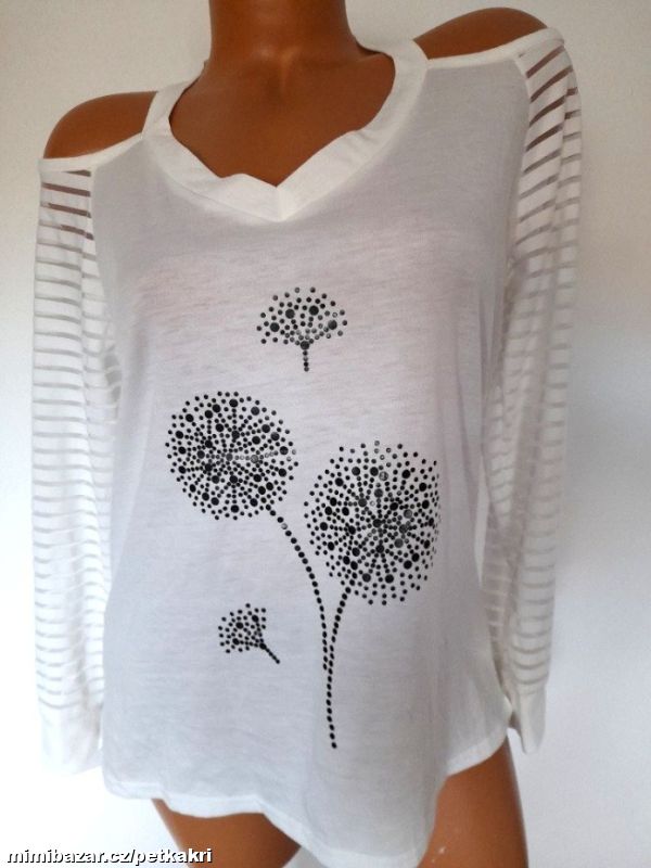 smetanové tričko s průstřihy aplikace květy vel.M