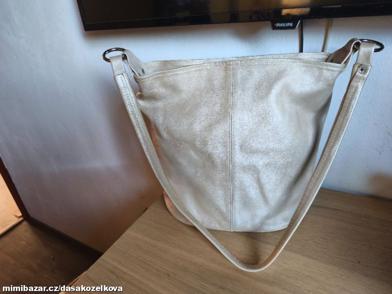 Velká kožená kabelka - béžová se zlatým třpytem